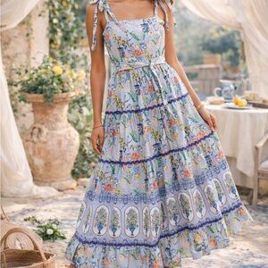 EMILY LOVELOCK Tiered Chinoiserie Ginger Jar Printed Poplin Midi Dress | Size M